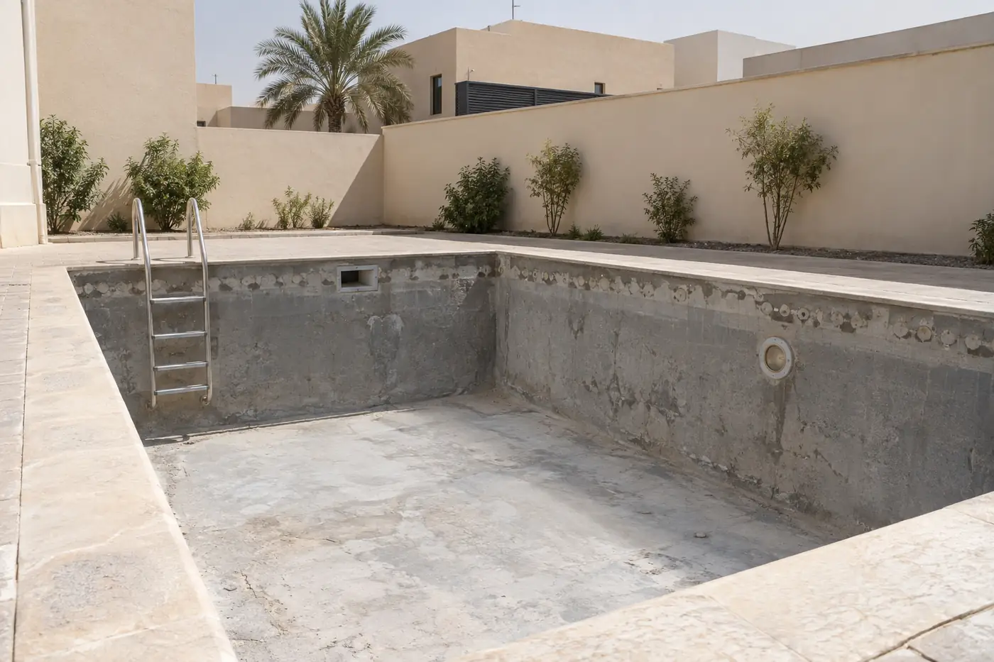 حوض مسبح فارغ بخرسانة ظاهرة في أول مراحل عزل مسابح الفلل